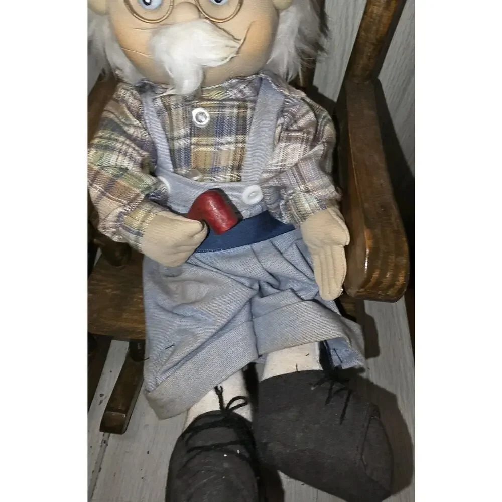 Vintage German Oma And Opa Grandma Grandpa Handmade Dolls In Rocking Chairs Read
